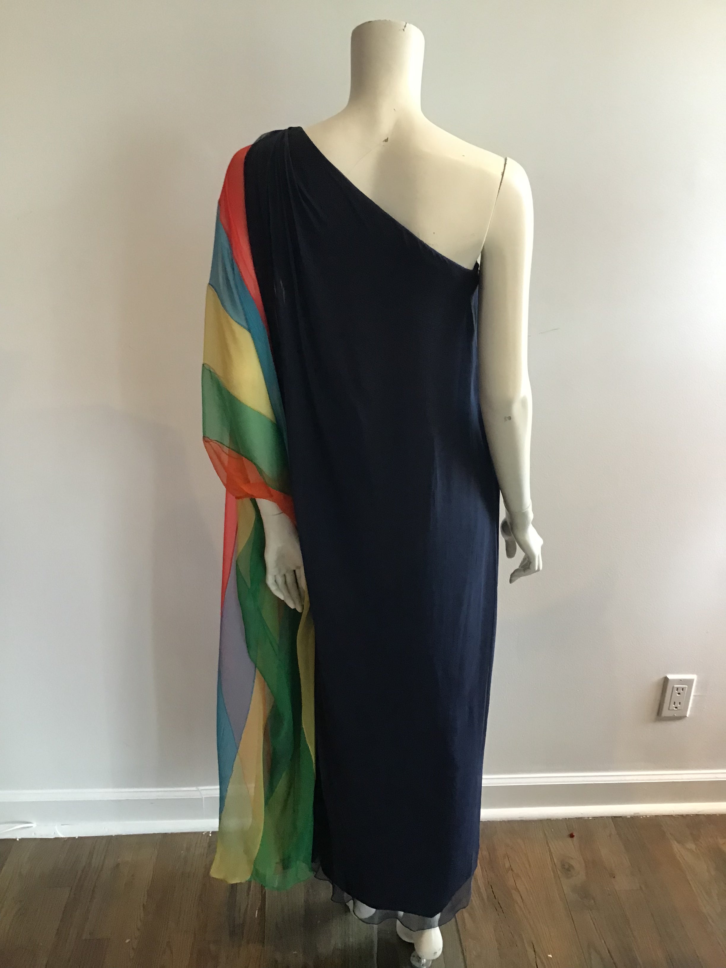 1960s Galanos Navy Chiffon One Shoulder Evening Gown