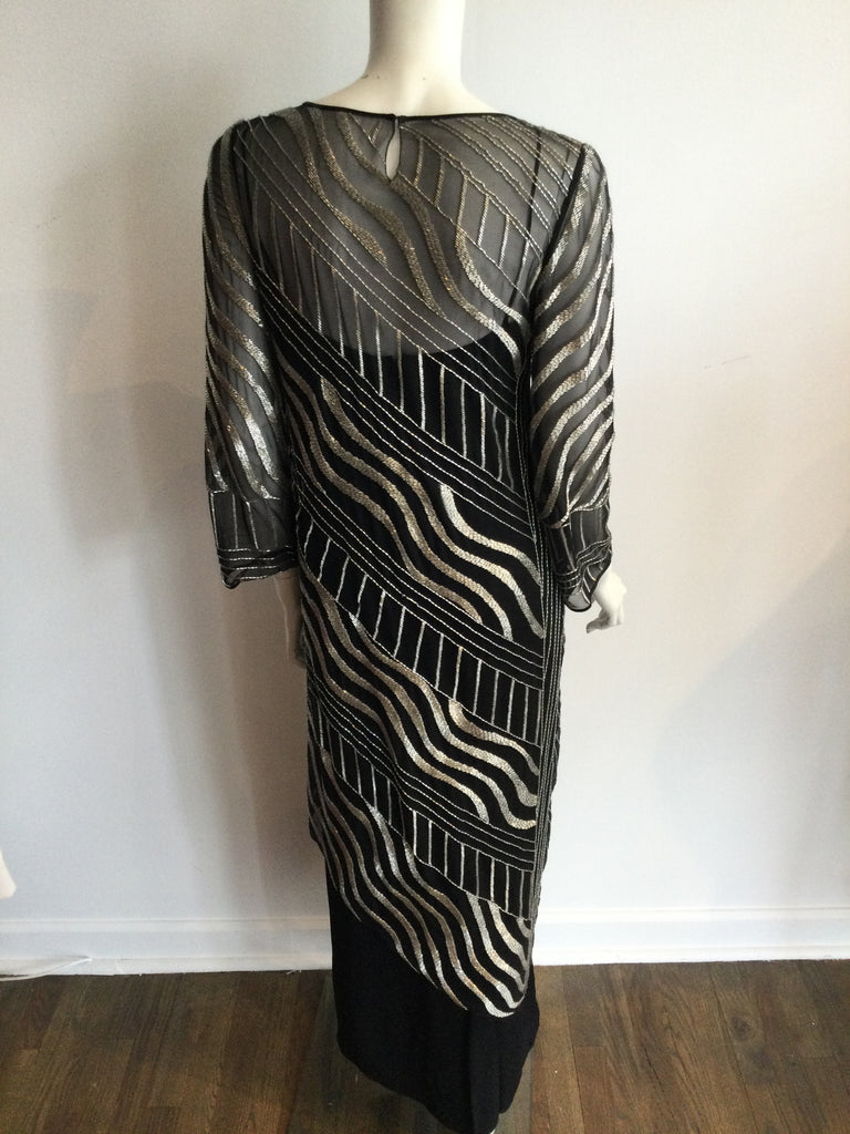 1970's Tracy Mills Asymmetrical Silver Beaded Evening Gown