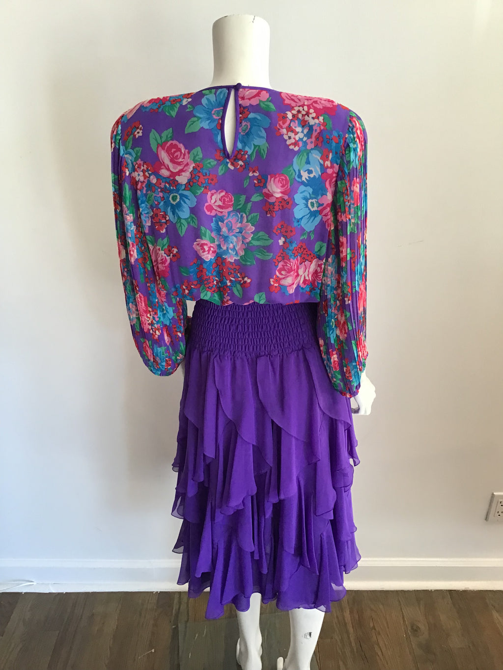 1980's Diane Freis Purple Polyester Chiffon Tiered  /Floral  Dress Size 8