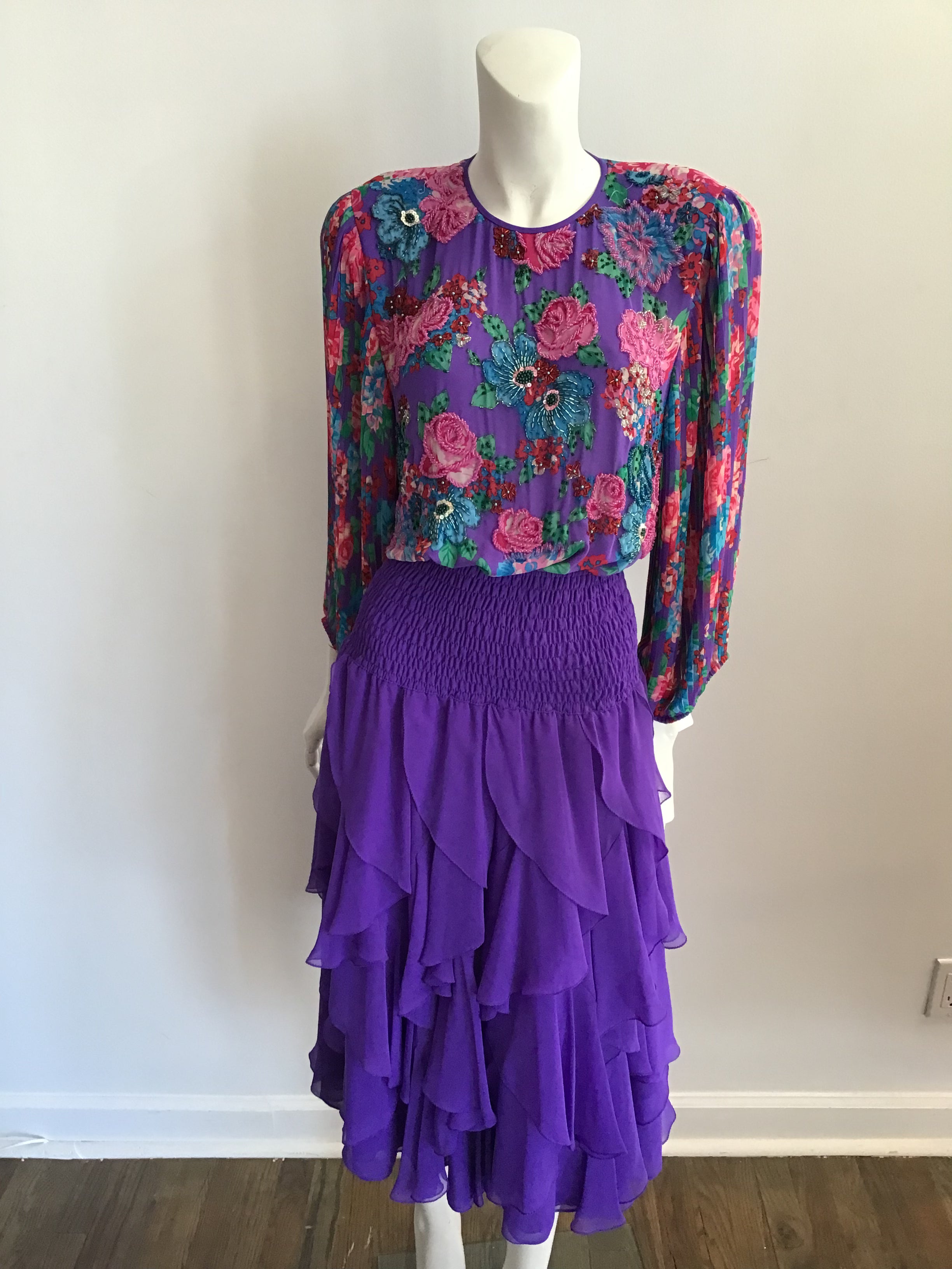 1980's Diane Freis Purple Polyester Chiffon Tiered  /Floral  Dress Size 8