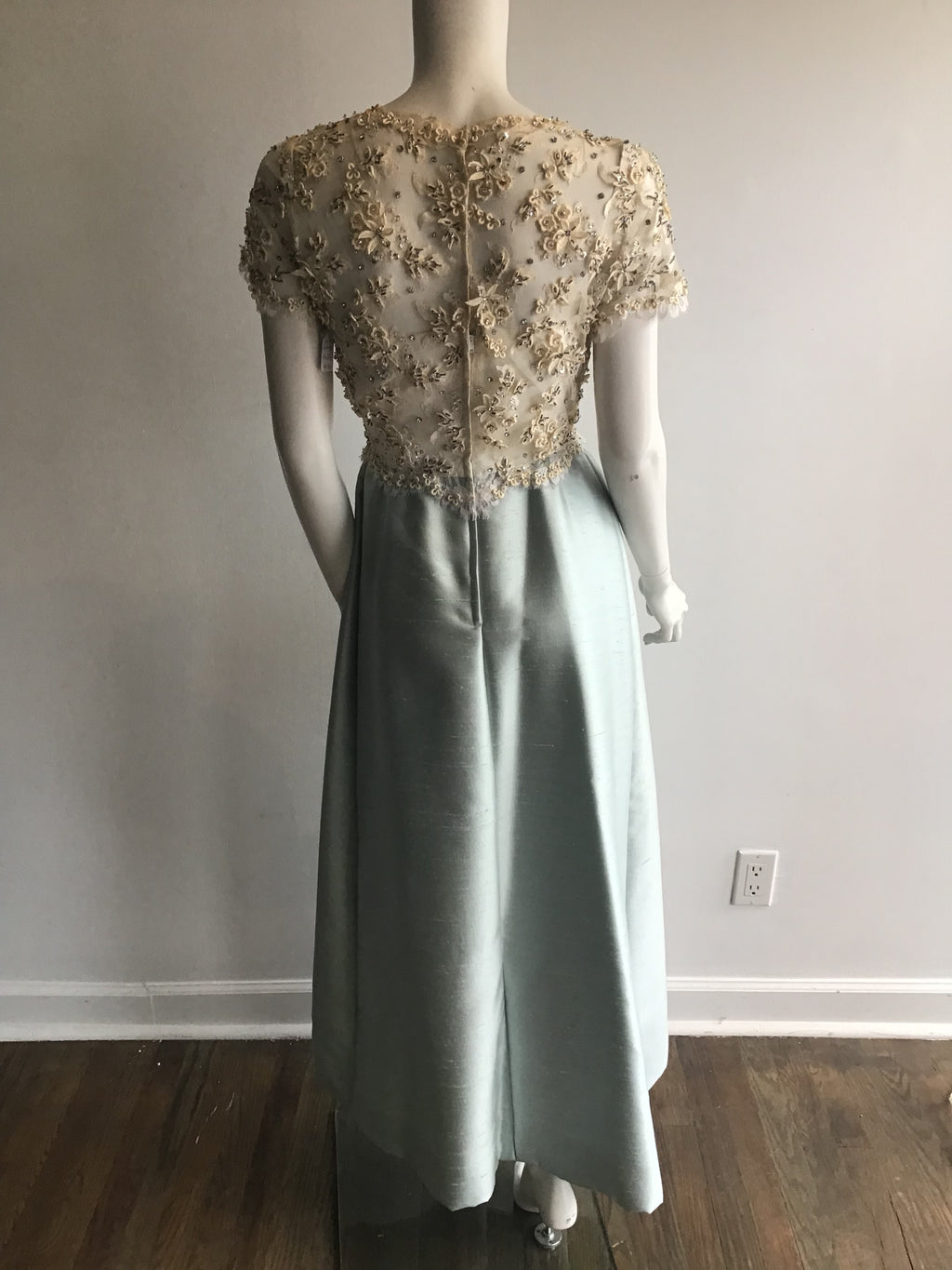 1960s Mat Kaplan Cream Lace and Light Blue Silk Shantung Beaded Evening Gown-size 6
