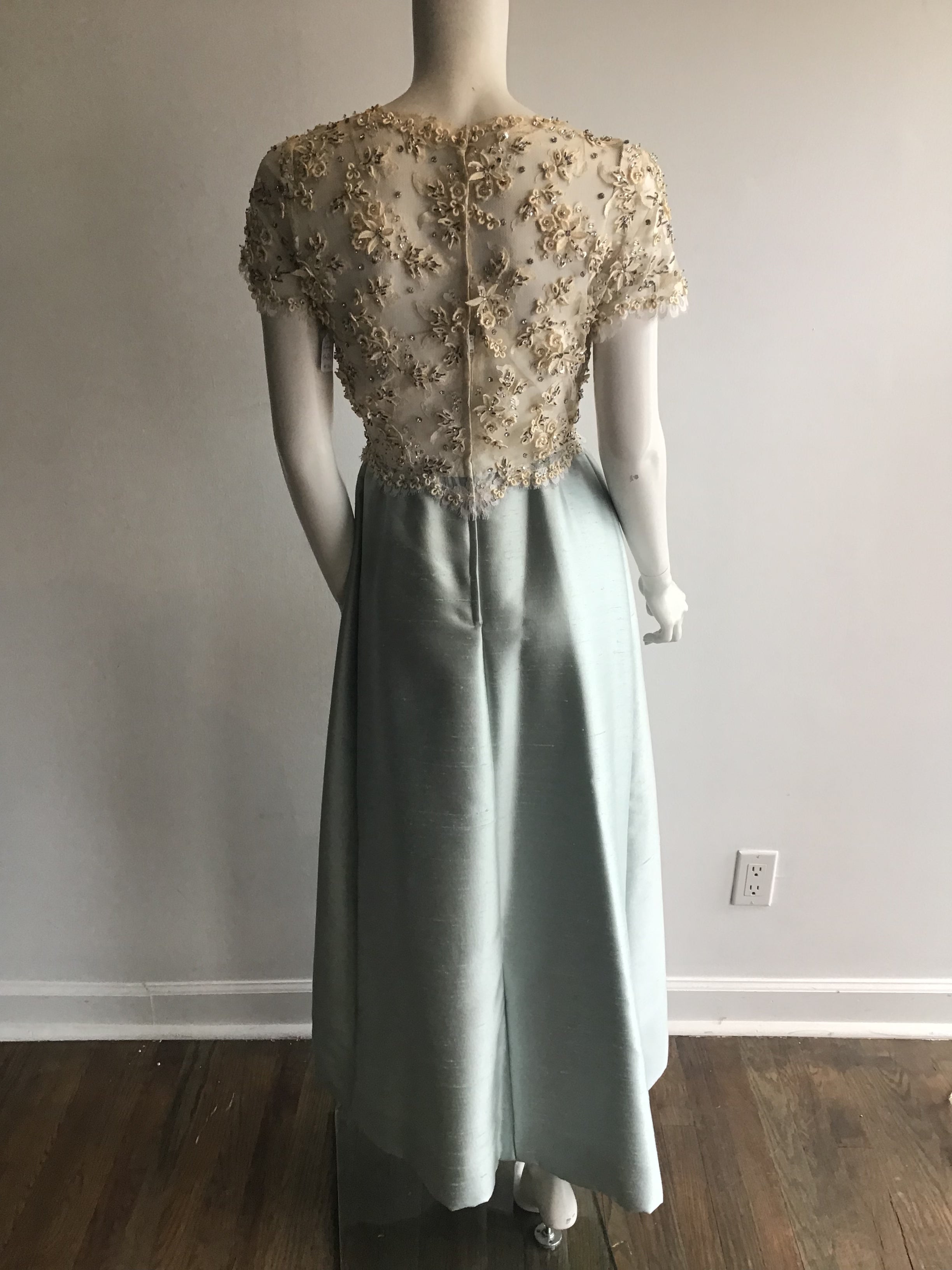 1960s Mat Kaplan Cream Lace and Light Blue Silk Shantung Beaded Evening Gown-size 6