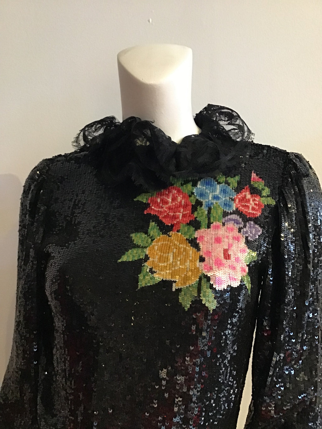 70s Oscar De La Renta Black Sequined Cocktail Dress