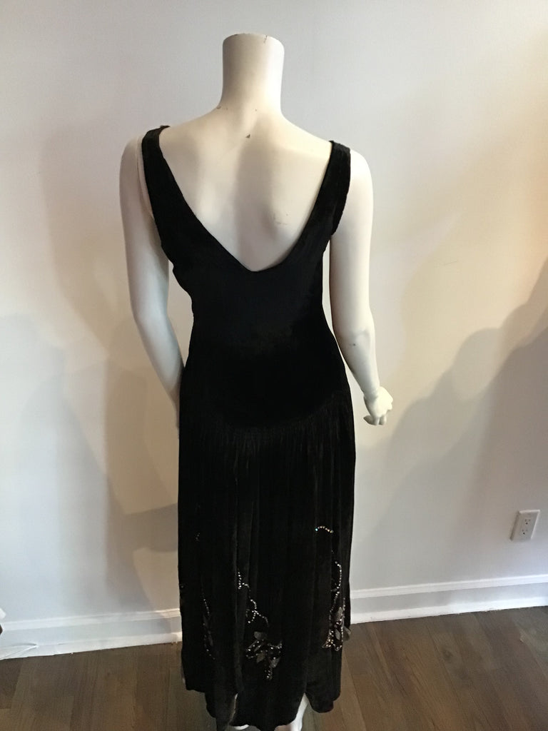 1920's Black Silk Velvet Rhinestone DetailedFlapper  Evening Dress-2/4