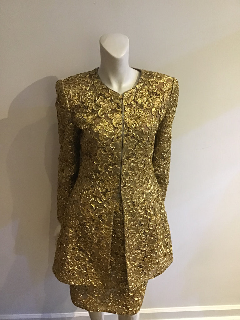 Mary McFadden Couture Gold lace Dinner Suit
