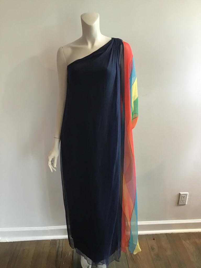 1960s Galanos Navy Chiffon One Shoulder Evening Gown