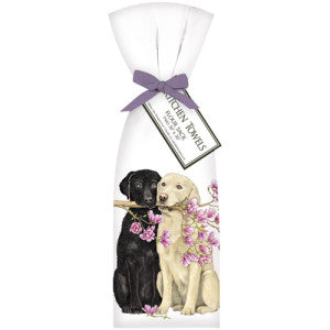 Yello and Black Labs with Magnolia branch pair  of cotton Kitchen Towles 